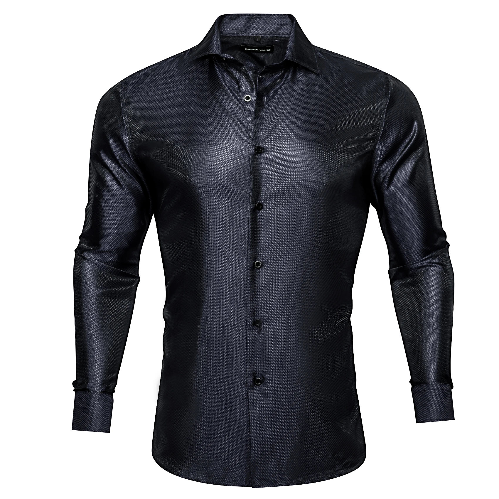 

Fashion Black Silk Men Shirt Plain Woven Long Sleeve Single Breasted Spring Autumn Man Blouses Luxury Formal Barry. Wang CY-0726
