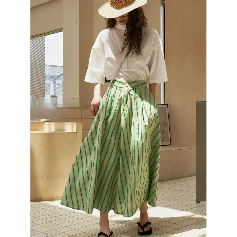 Striped Long Skirts for Women Summer Color Contrast High Waist Slim A-line Long Umbrella Korean Version Holiday Vintage Clothing slim fit striped anthracite men s shirt slm 5048 tss