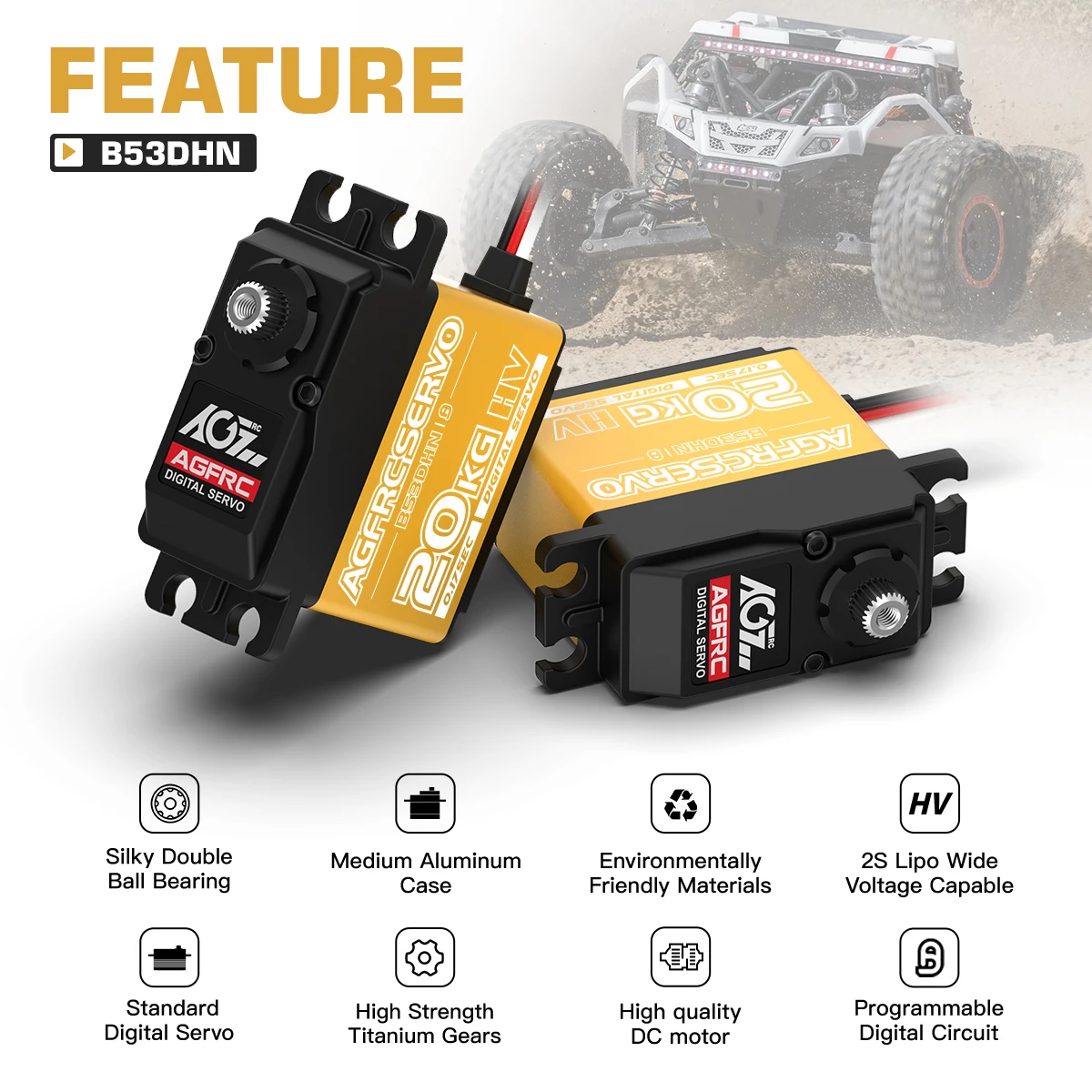 

AGFRC B53DHN Fast Speed 20KG Titanium Gear HV Programmable Digital DC Servo Motor for RC Car Part airplane Robot Boat Models