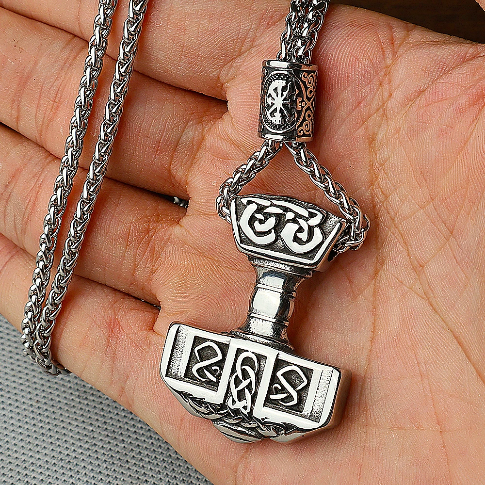 

Nordic Viking Thor's Hammer Pendant Necklace Men Vintage Viking Celtic Knot Necklace Stainless Steel Amulet Jewelry Wholesale