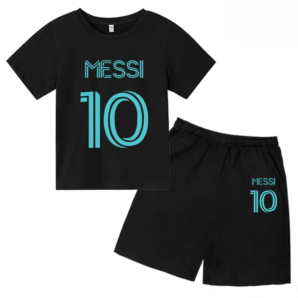 thumbnail image 1 of Nueva camiseta y pantalones cortos con estampado de Messi para niños y adolescentes, conjunto de 2 piezas, ropa de fútbol para niños y niñas, traje deportivo de moda de manga corta de verano, 1 of 5