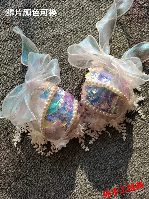 Blue Mermaid Bikini Top Bra - Handmade Shiny Sequin Shell Pearl