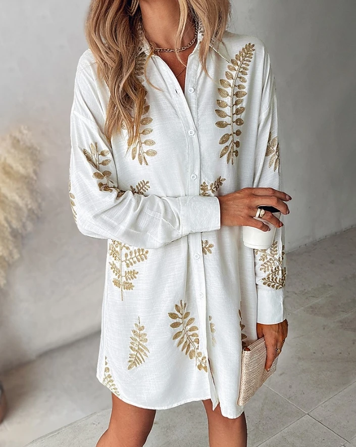 

Summer Dress for Women Casual Daily Vacation Plants Leaf Embroidery Turn-down Collar Long Sleeve Button Straight Shirt Dress