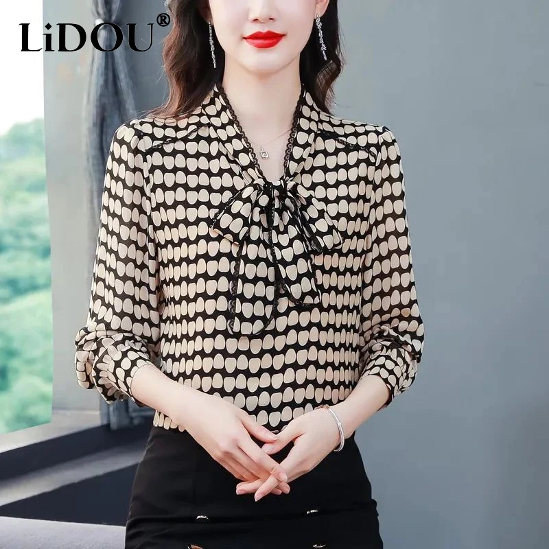 2023 Spring New Shawl Collar Bow Polka Dot Printing Long Sleeve Chiffon Shirt Women Lace Patchwork Elegant Korean Style Blouse colorblock scarf stylish women s double sided irregular open front bat sleeve cardigan warm winter cape shawl wrap poncho cozy