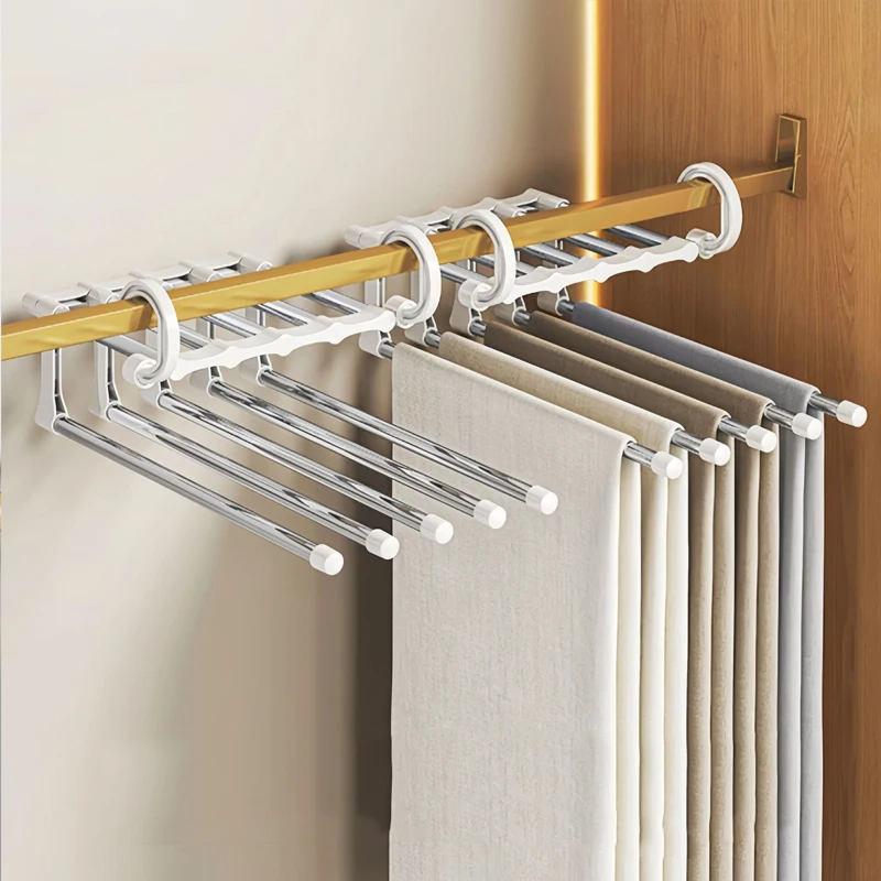Stainless Steel Retractable Trouser Rack Pants Rack Clothes Rack Folding Multi-functional Space Saving Pants Hangers Foldable Closet Organizer Wardrobe