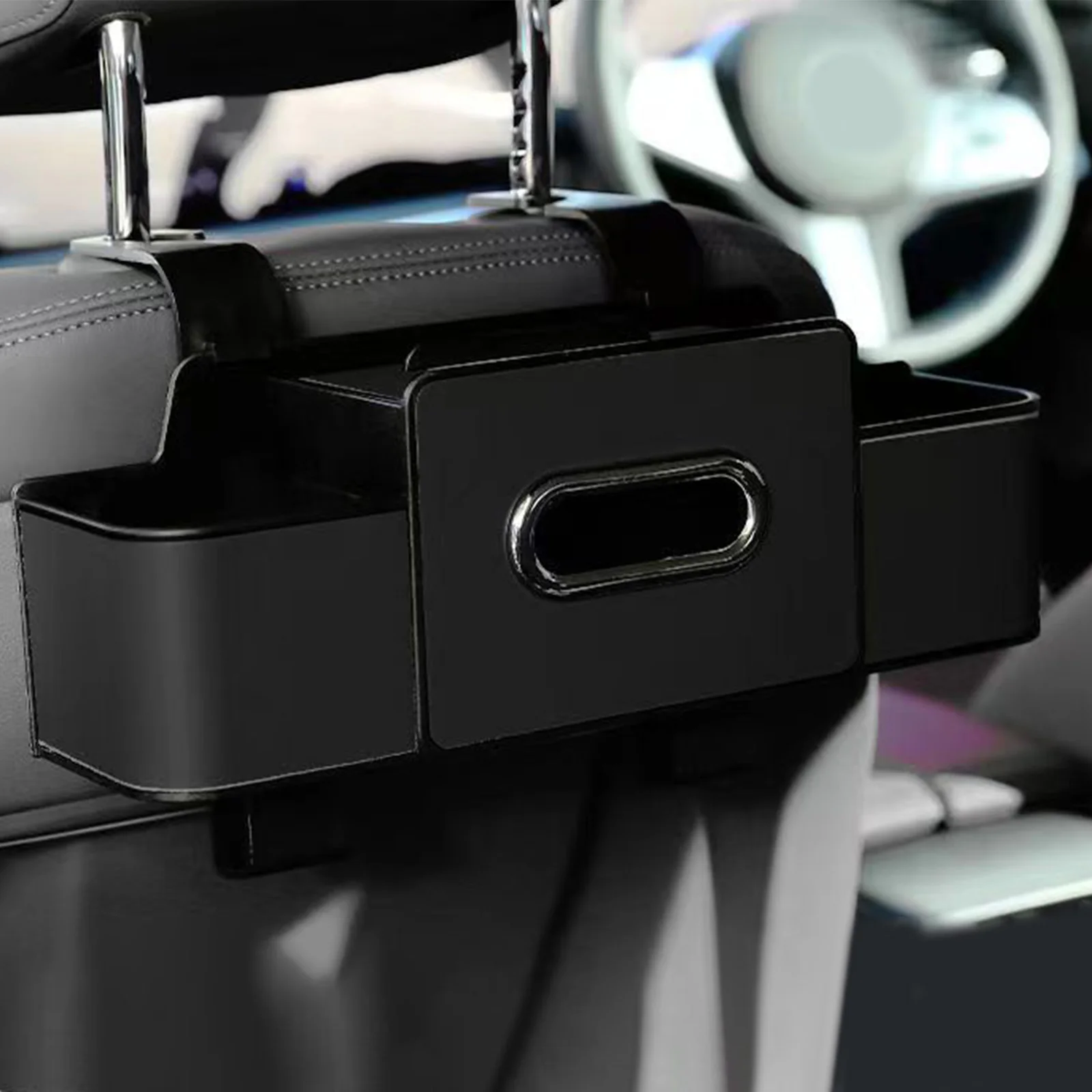 Car Back Seat Organizer with Cup Holder Tissue Box and Hooks for Travel (Black)