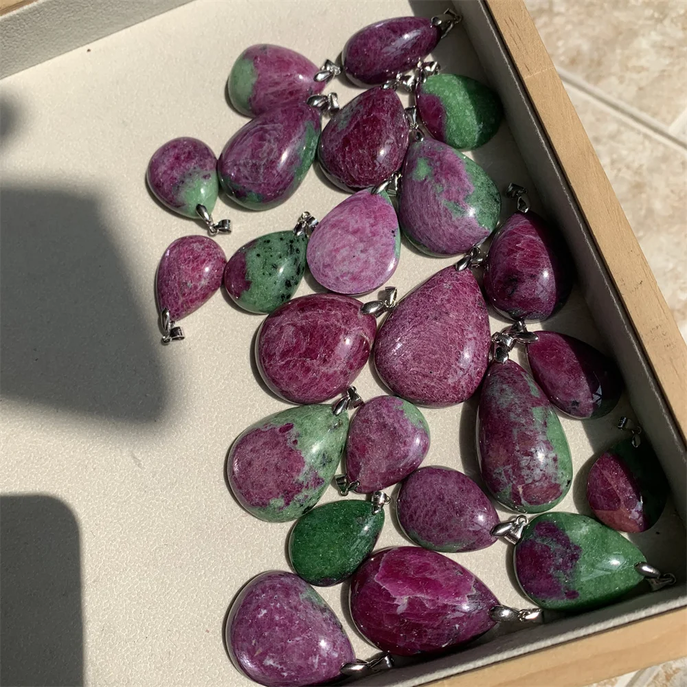 Natural Zoisite Pendants for Women Green Fuchsite Red Ruby Necklaces Fashion Jewelry Water Drop Healing Beads 925 Silver Stones
