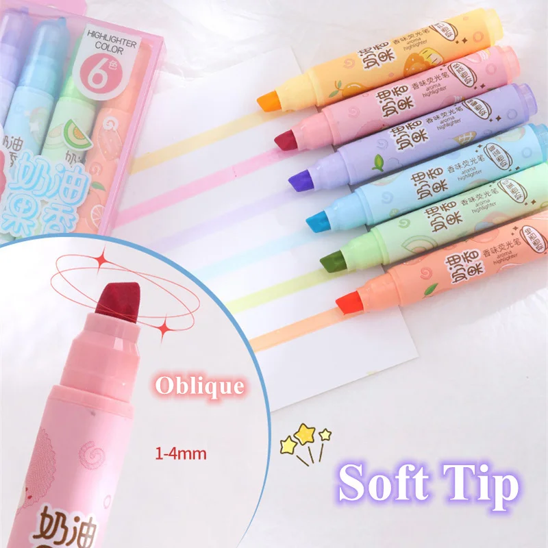 Kawaii 사선 하이라이터, 크림색 과일 향, 대용량 형광 노트 펜, 4mm 두께 마커, 6 가지 색상 세트