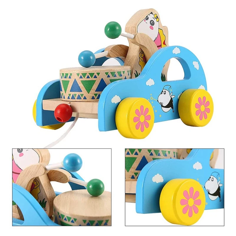 Animals Pull Toy,Cartoon Animals Drum Cart Pull Drum Toy,Early Educational Toys With Long String For Kids Home Play,Bear