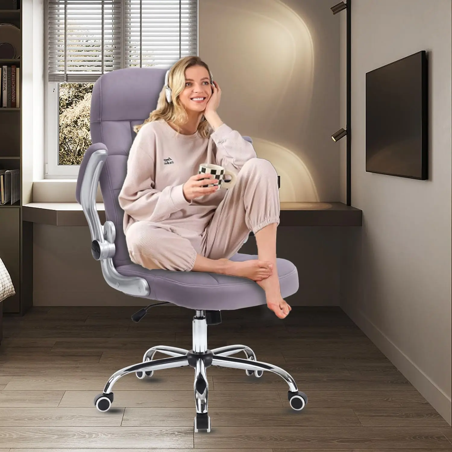High Back Fabric Office Chair Purple, Velvet Executive Desk Chair With Flip-Up Arms, Ergonomic Office Chairs With Lumbar 6