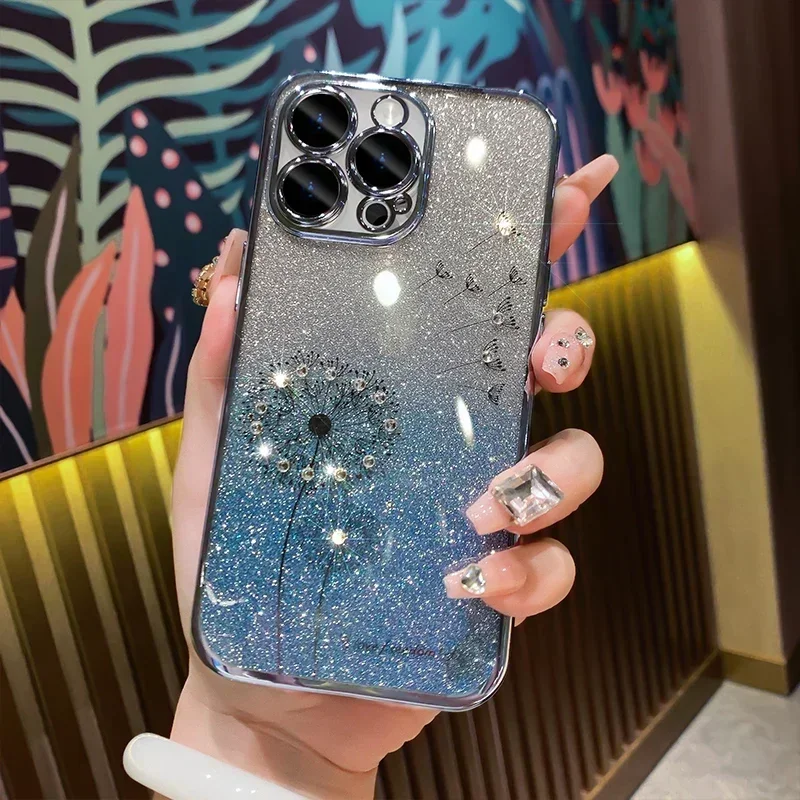 thumbnail image 1 of Funda con diseño de diente de león con purpurina y degradado chapado para iPhone 15, 12, 11, 13, 14, 16 Pro Max, Mini, X, Xs, Xr, 7, 8 Plus, SE2, funda suave con diamantes brillantes, 1 of 5