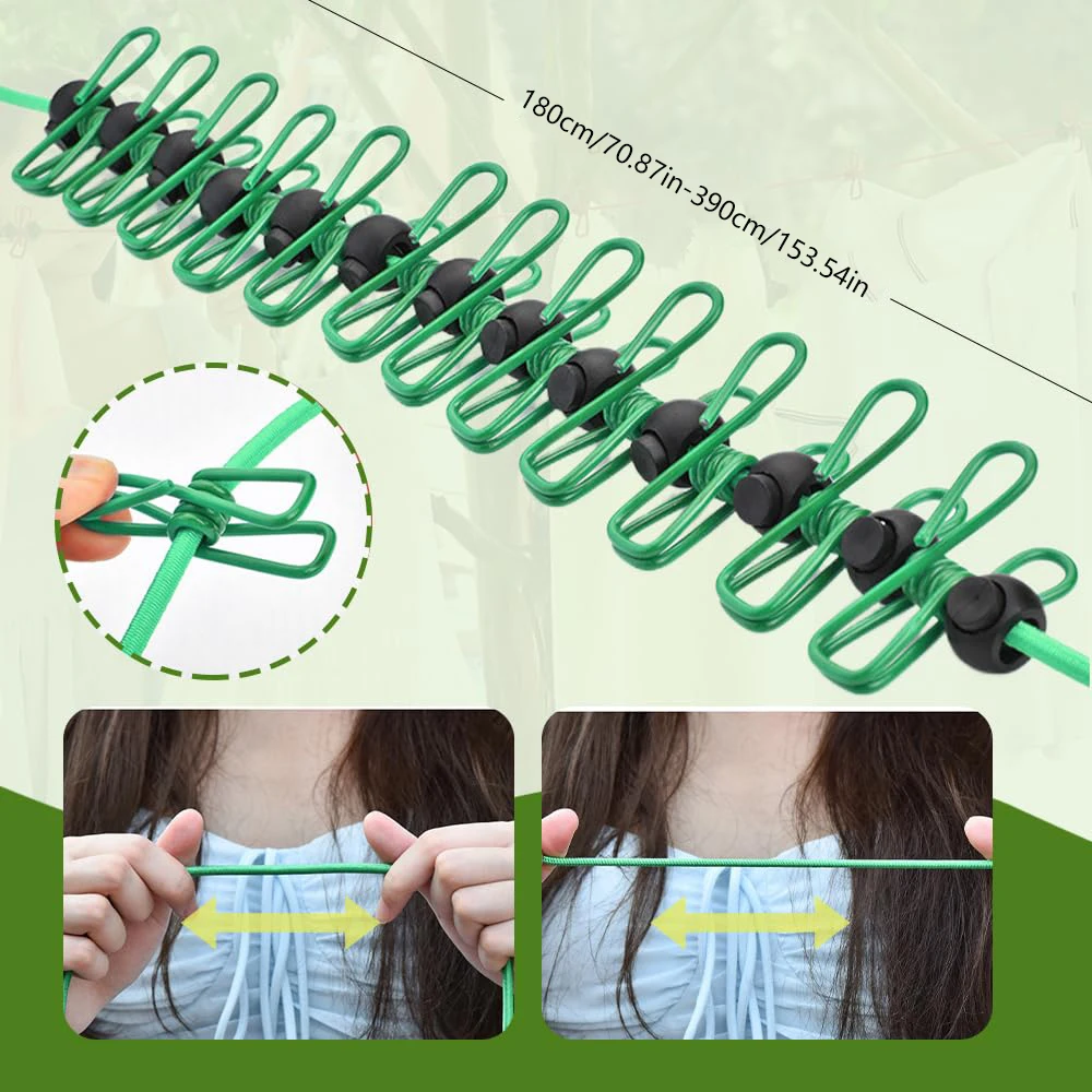 PP Cloth Outdoor Clothesline Iron Wire Adjustable Camping Clothesline Retractable With 12 Clothespins 6