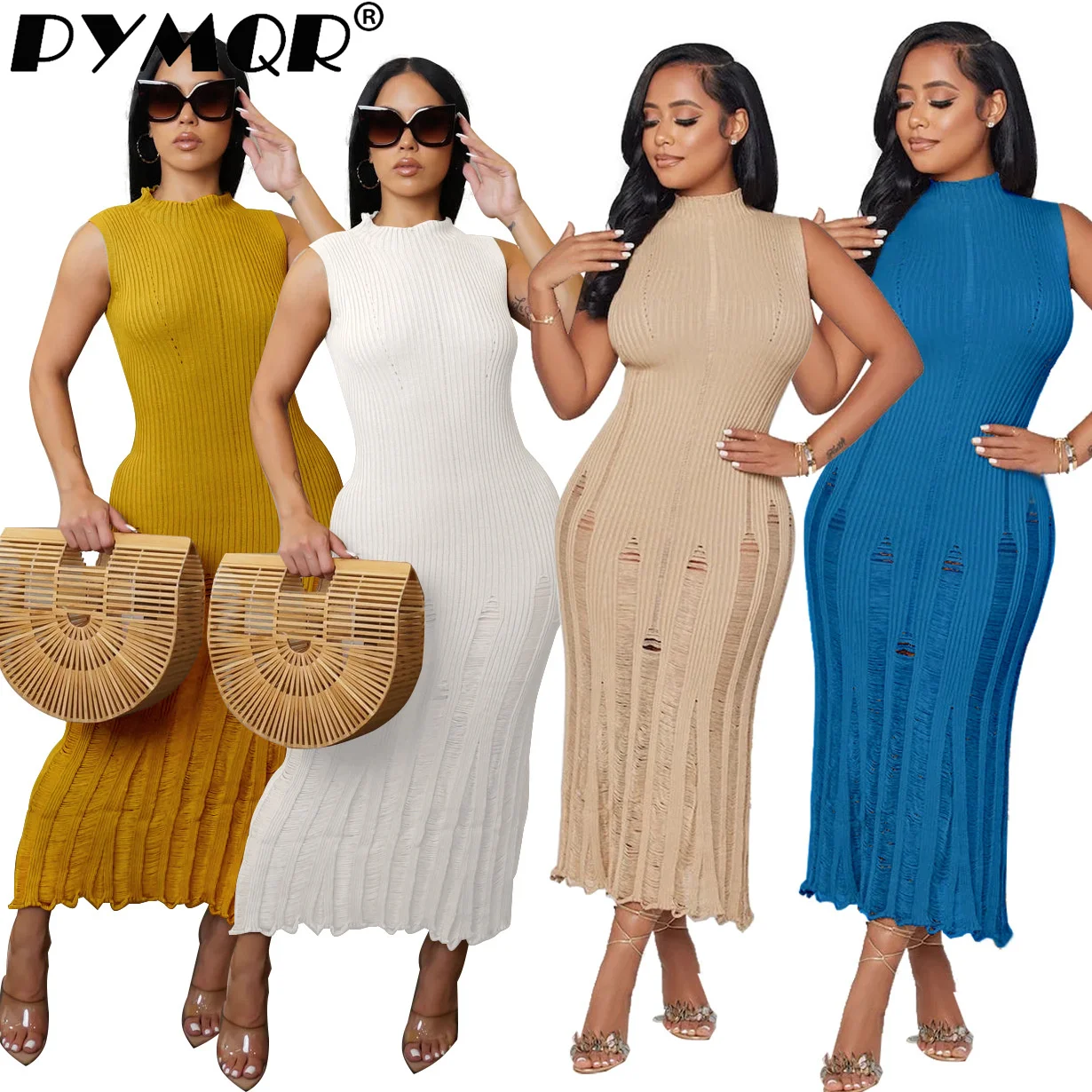 

PYMQR New Sunscreen Beach Long Midi Knitted Dress Women Sleeveless 2024 Summer Y2K Streetwear Night Club Outfit Women Clothing