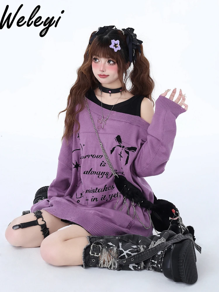 

Sweet Jirai Kei Sweater Women's 2024 Spring and Autumn Fashion All Match Fake Two Piece Off Shoulder Ripped Mid Length Pullover
