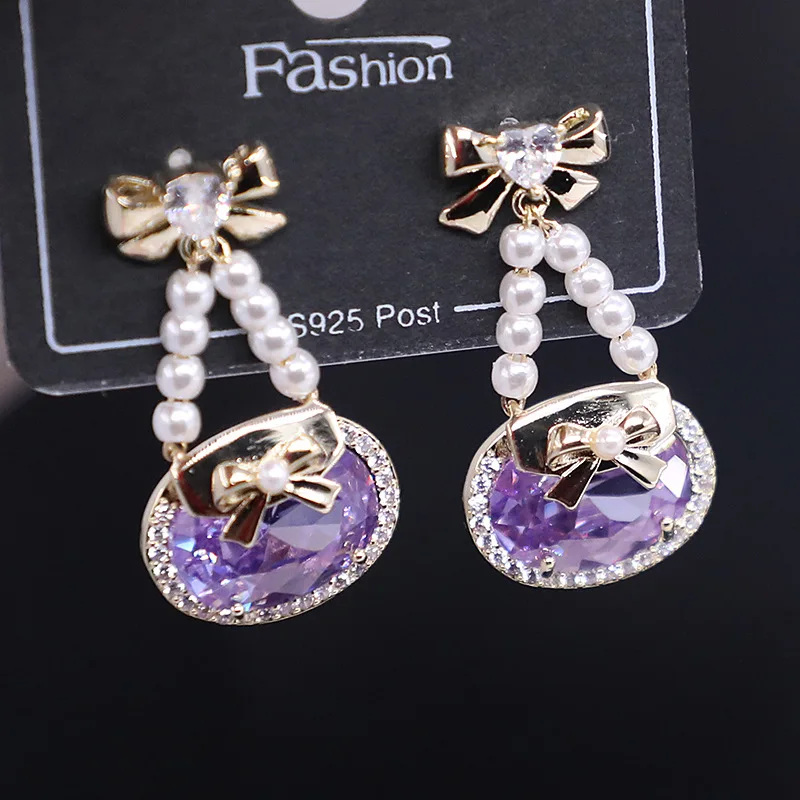 

Bilincolor Bowknot Purple Oval Crystal Earrings for Women