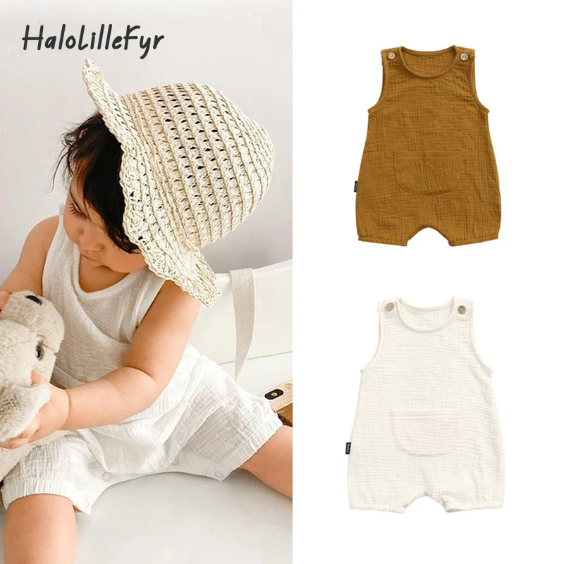 

2022 Summer Baby Jumpsuit Toddler Thin Boys Baby Girl Jumpsuit Cotton Linen Sleeveless Jumpsuit Solid Color Soft Jumpsuit Set