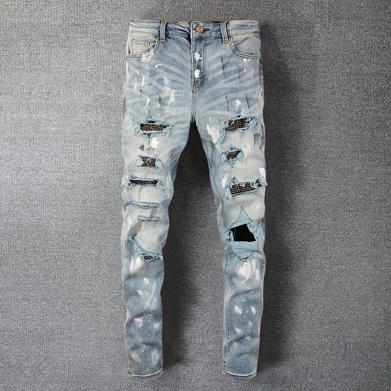 

Rhinestones Splashing Ink Patchwork Male Ripped Hole Design Stretchy Jean Hip Hop Style Trouser For Men Pantalon Vaqueros Hombre