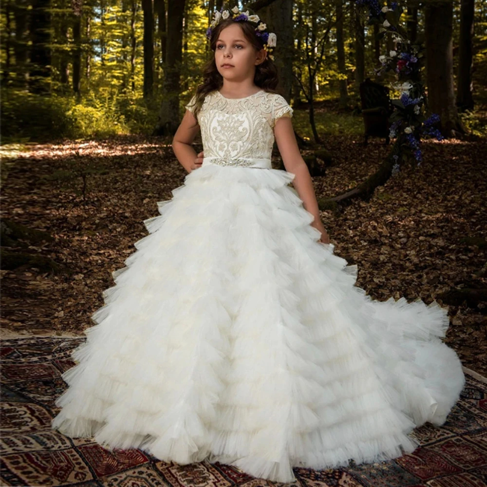 Prima Comunione Flower Girl Dresses Lace Tulle Layered Print White Angel Princess Dress Wedding Dance Party Prom Ball Wear