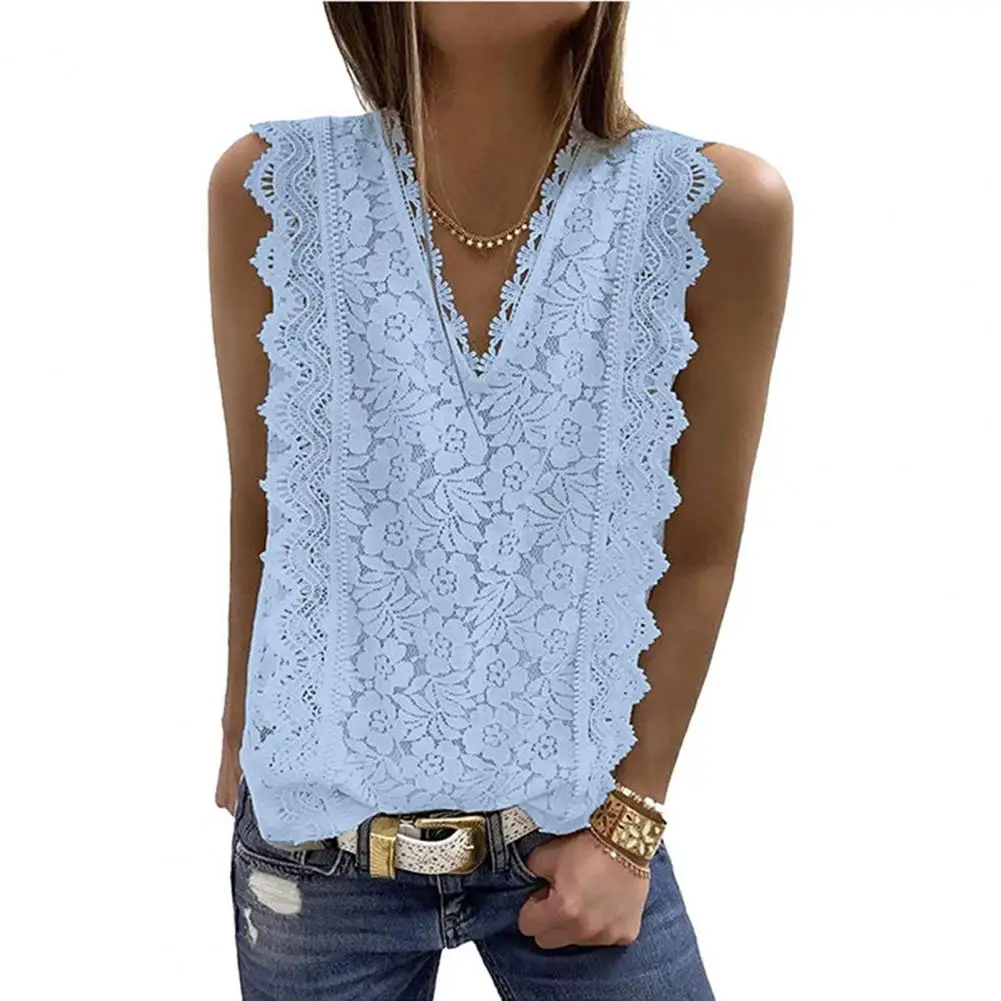 

Elegant Tank Top Women Blouse Lace Embroidery White Shirts Feminina Sexy V-neck Sleeveless Summer Tops Ladies Casual Top