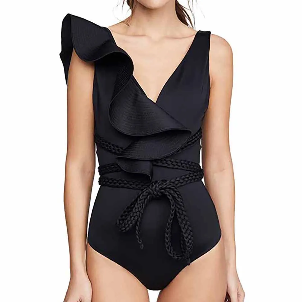 Swimwear Women One Piece Swimsuits Deep-v Beach Wear Shoulder Solid Ruffled Plus Size Bathing Suit Micro Bikini  Backless Beachw