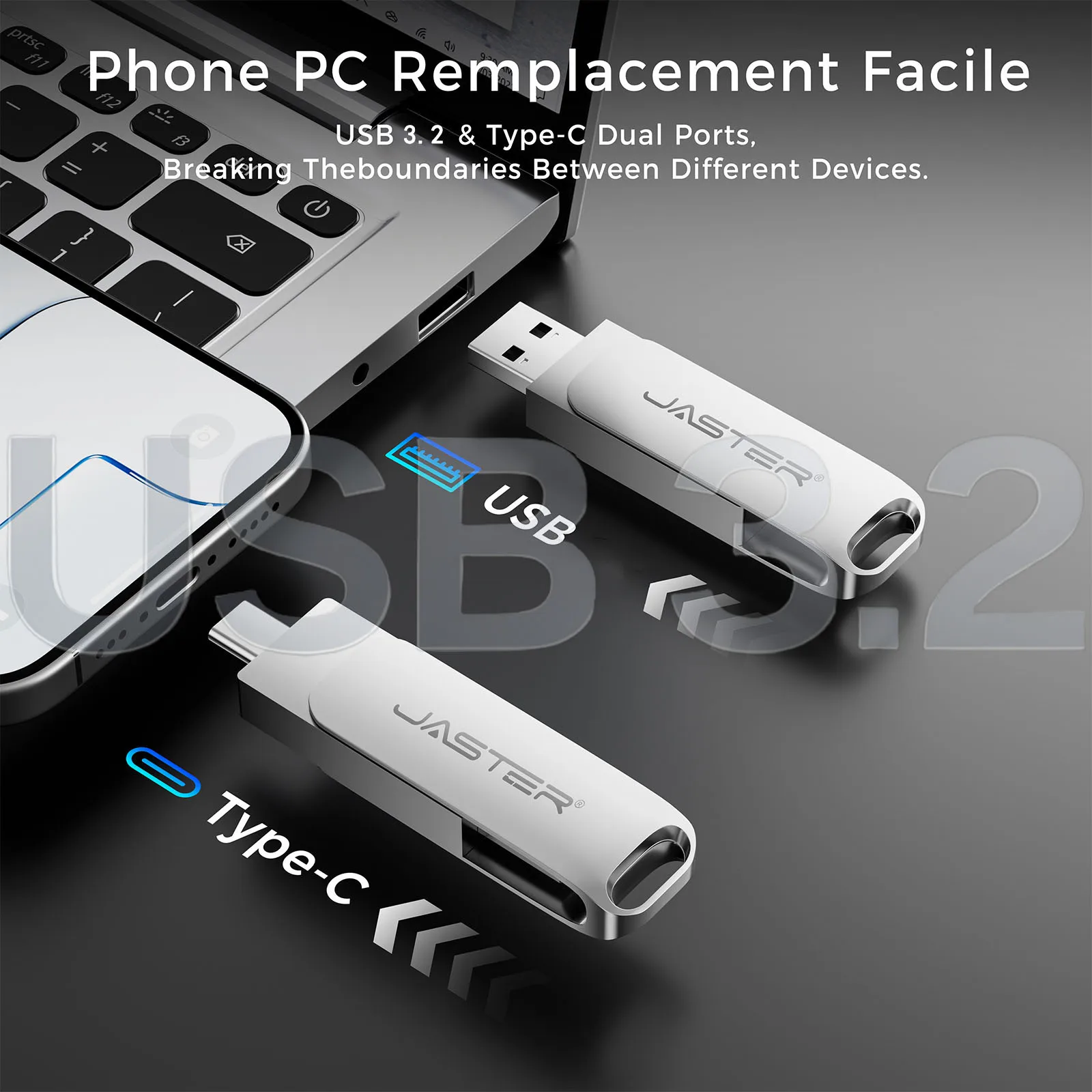 128GB USB 3.2 플래시 드라이브 100MB/s 고속 2in1 TypeC OTG 펜 드라이브 방수 대용량 저장 장치(전화 컴퓨터 PC 저장 장치용) ?