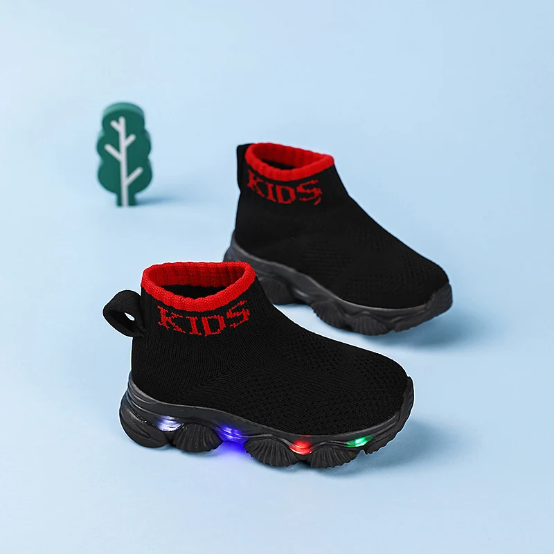 용 LED 라이트 스니커즈 하이탑 남아 플랫폼 슬립온 신발 아동용 봄 니트 양말 스니커즈 야광 운동화