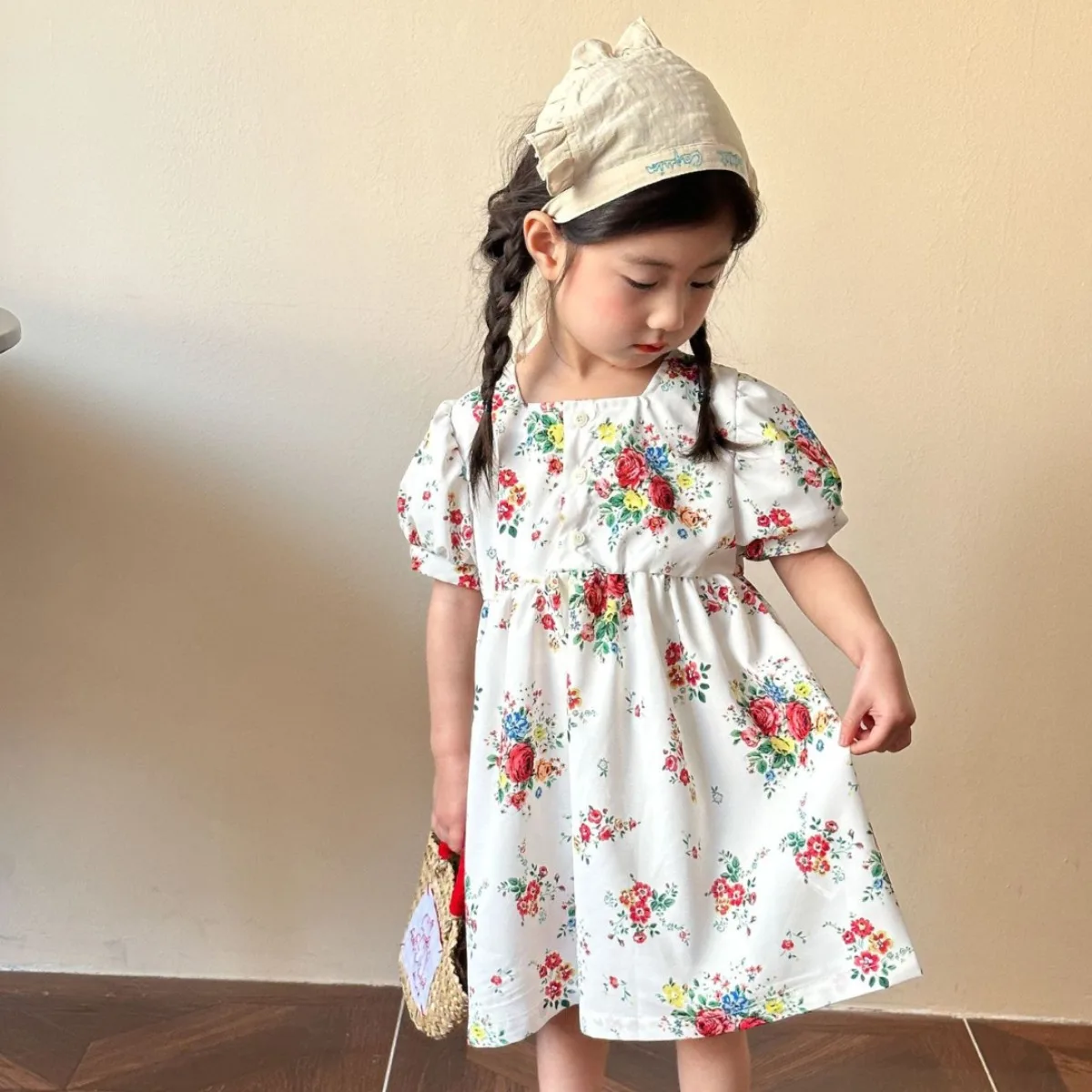 

Детское хлопковое платье с коротким рукавом, с цветочным принтом