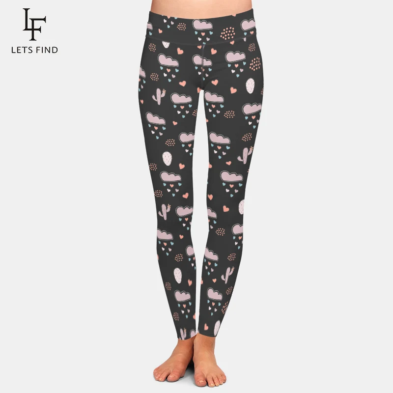 LETSFIND 2021 Fashion Hearts and Clouds Raining with Hearts Print Women Leggings High Waist Fitness Stretch Leggings