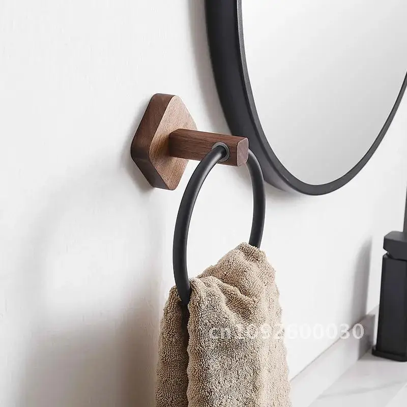 No Punching Bathroom Walnut/Beech Holder Towel Aluminium Ring Towel Mounted Wall White/Black Accessories Round