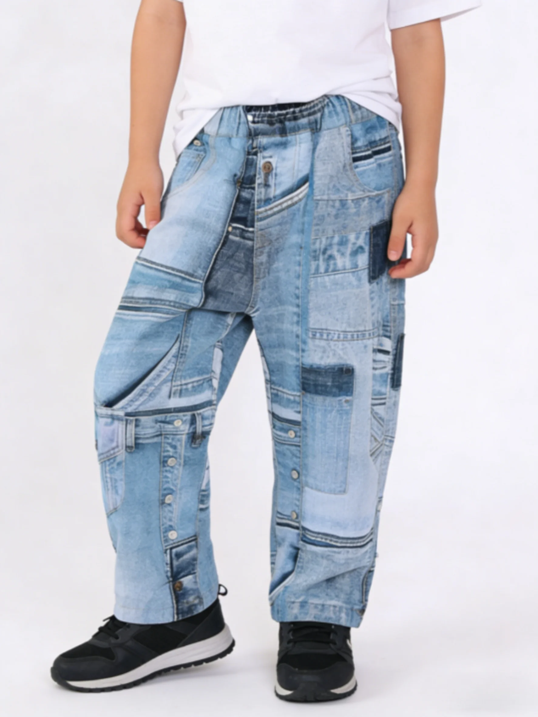 소년 패치워크 프린트 데님 청바지 키즈 라이트 블루 루즈핏 배기 팬츠 아동용 신축성 허리 스트리트웨어 바지 2026 신상품