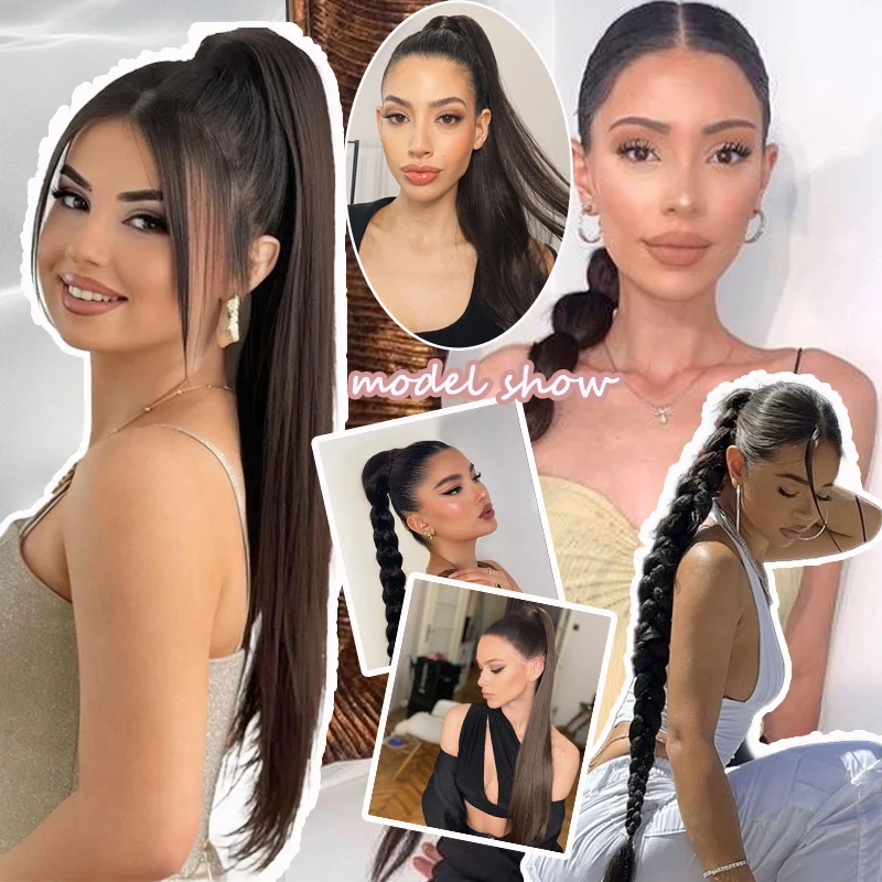 Synthetic Long Hair Ponytail Extensions Wig for Braiding 28inches Straight Ponytail Hairpiece with Hair Tie for Women Daily Use