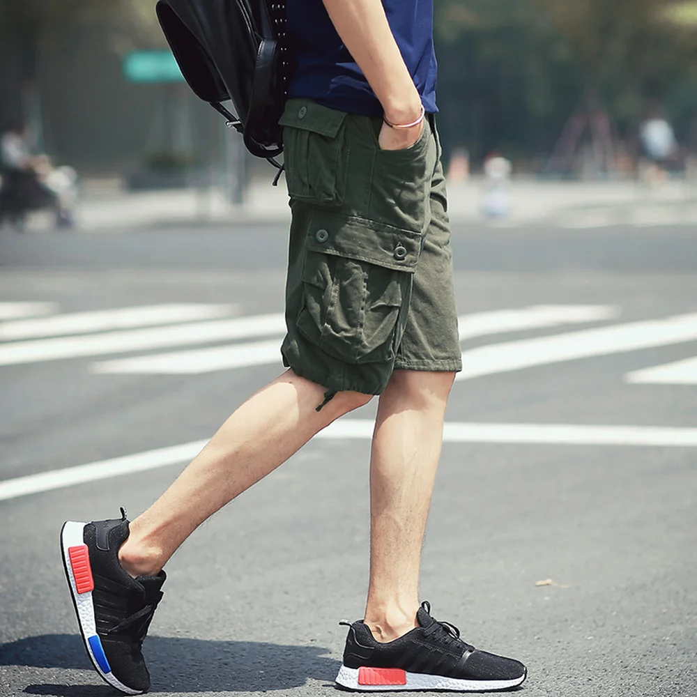 Khaki Cargo Shorts Men Summer Streetwear Bermuda Shorts Knee Length Cotton Trousers With Pockets Japan Style Short