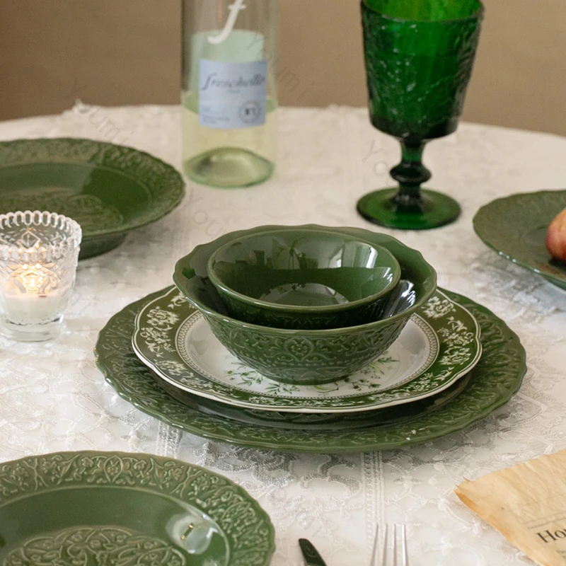 Vintage Relief Ceramic Plate Green Creative Flower Dining Plates Household Delicious Dishes Trays Exquisite Soup Bowls Tableware