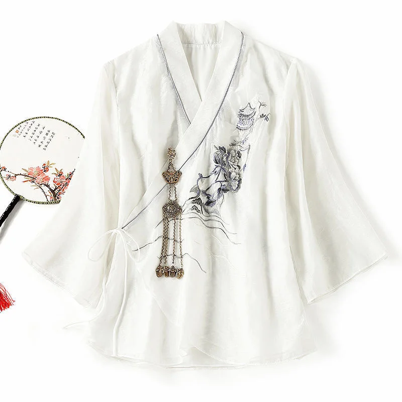 

White Retro Hanfu Top Elegant Embroidered Women's Chinese Style Loose Shirt Spring Summer Blouse Yellow Tradition Zen Clothing