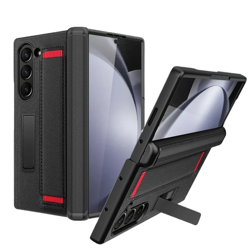 Full Coverage Hinge Protective Kickstand Leather Wristband Phone Case with Screen Protector
