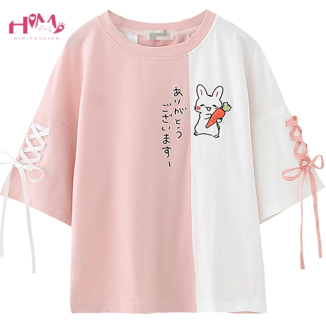 Bonito T-shirt Bordado Coelho Rosa Dos Desenhos Animados - Kawaii Fashion  Shop