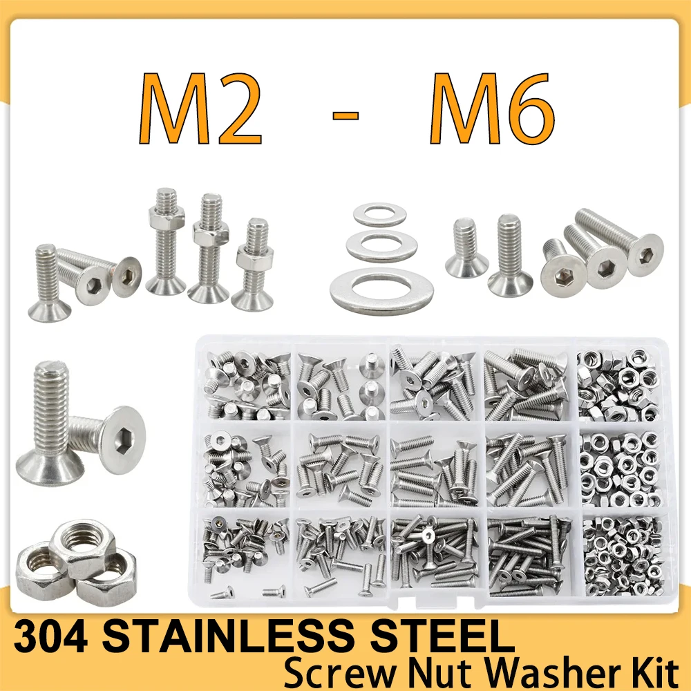 M2-M6 hexagonal countersunk nut washer set hexagonal bolt nut washer metric thread set mechanical screw stainless steel screw bolt nut set screw washer nut kit