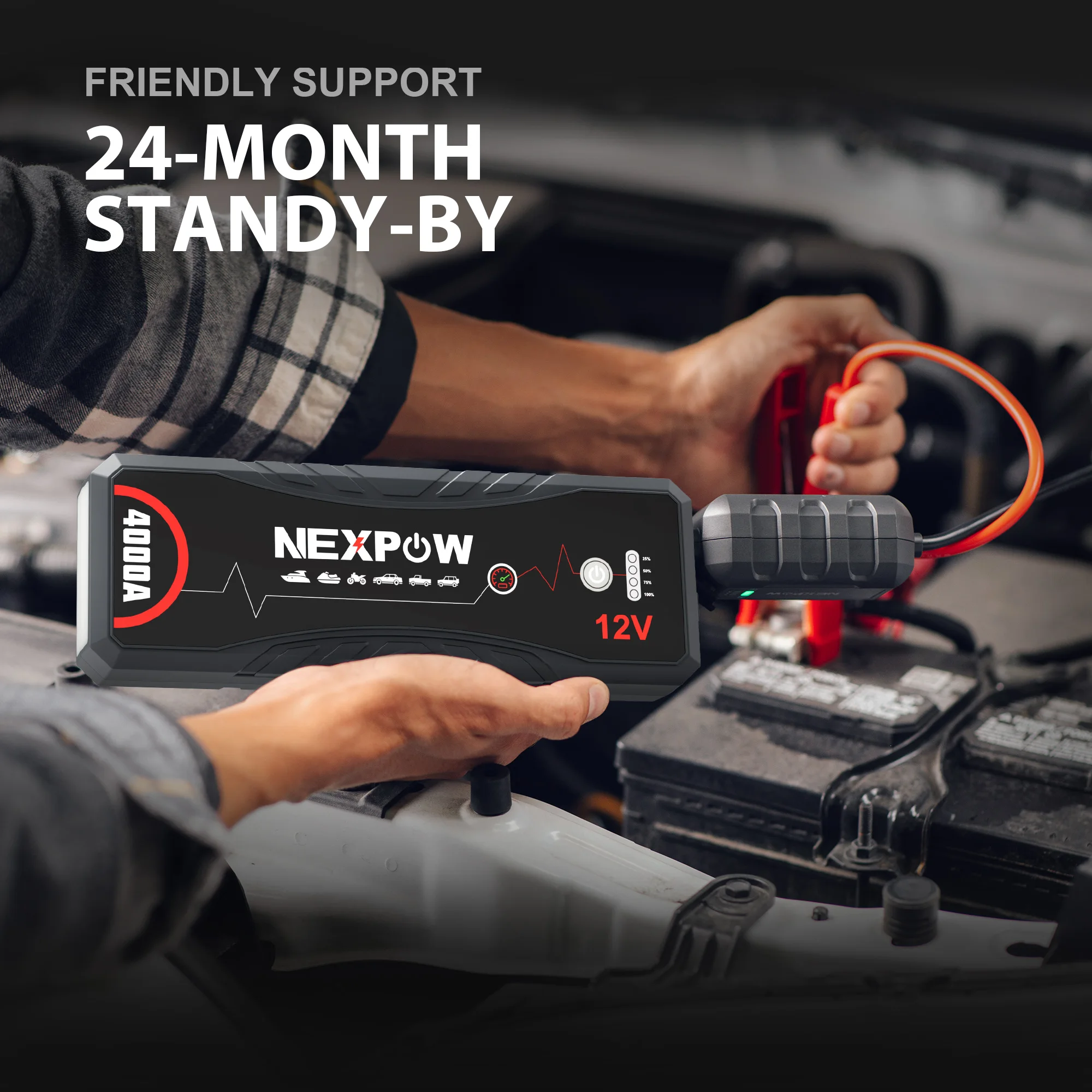 NEXPOW 4000A Portable Car Jump Starter Power Bank, 12V for All Petrol & 10.0L Diesel Engines, with LED Torch, USB & Jump Cable