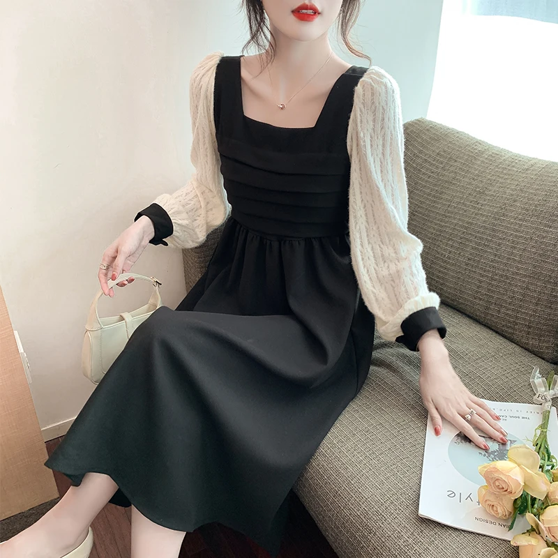 

2022 Winter Square Collar Pleated Thin High-waisted Color-block Sleeves Versatile Bellflower Corduroy Dress Women Free Shipping