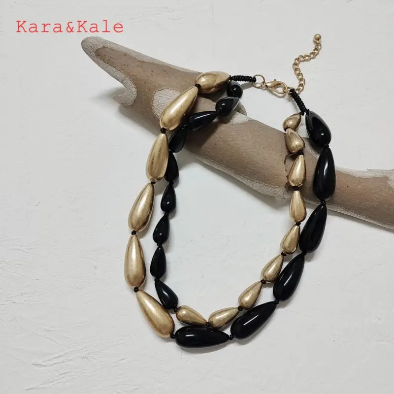 

Kara&Kale Layered Necklace Short Gold Color Necklace Black Acrylic Beads Drop Shape Womens Jewelry Handmade Jewelry Ethnic Style