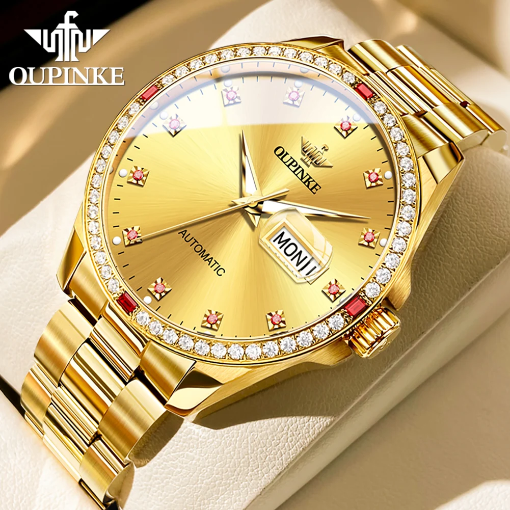 

OUPINKE Original Diamond Watch for Men Automatic Waterproof Gold Stainless Steel Sapphire Crystal Mechanical Wristwatch Date