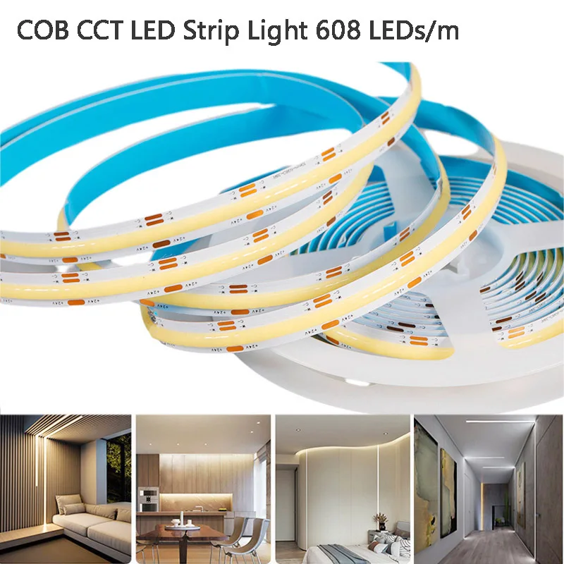 

DC24V COB CCT LED Strip Light 608 LEDs/m High Brightness Dimmable FOB LED Lighting Tape for Living Room Kitchen Cupboard Decor