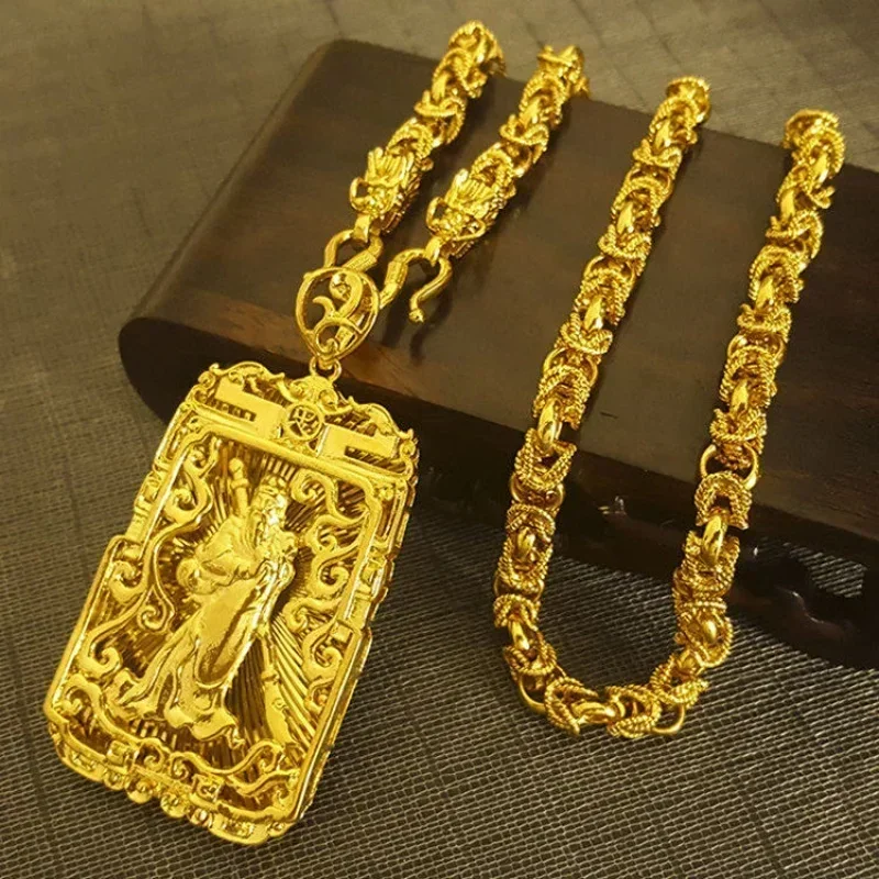 Gold Necklace Guanyin Pendant 24K Chain for Men and Women