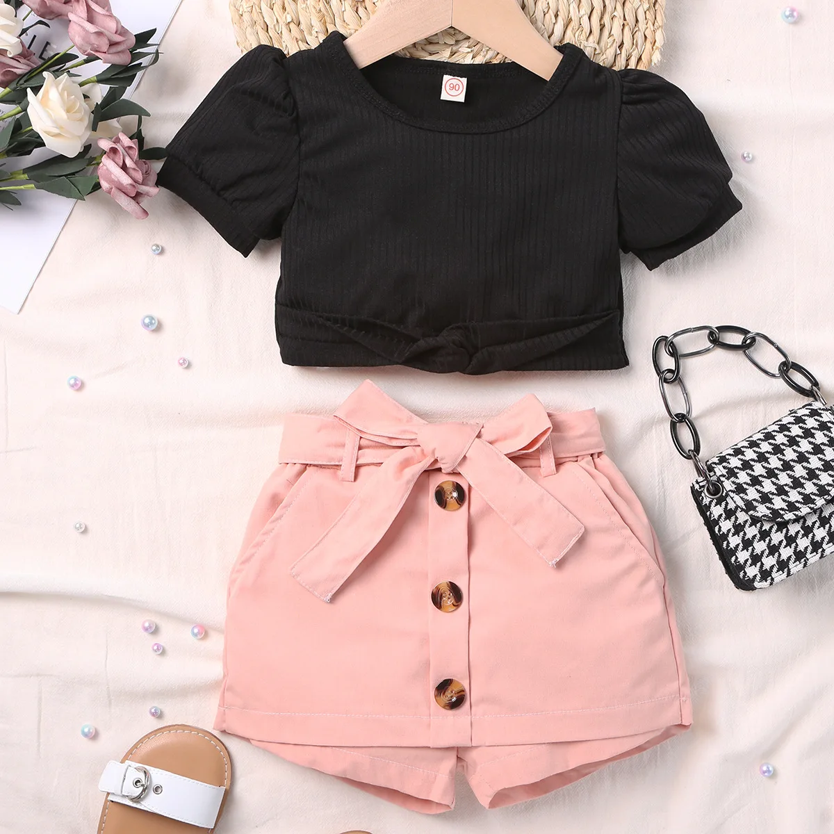 

Girls Summer Clothing 2pcs Short Sleeve Tops+Shorts With Belt Outfits Kids Casual Girl Clothes Sets For 1-6 Years