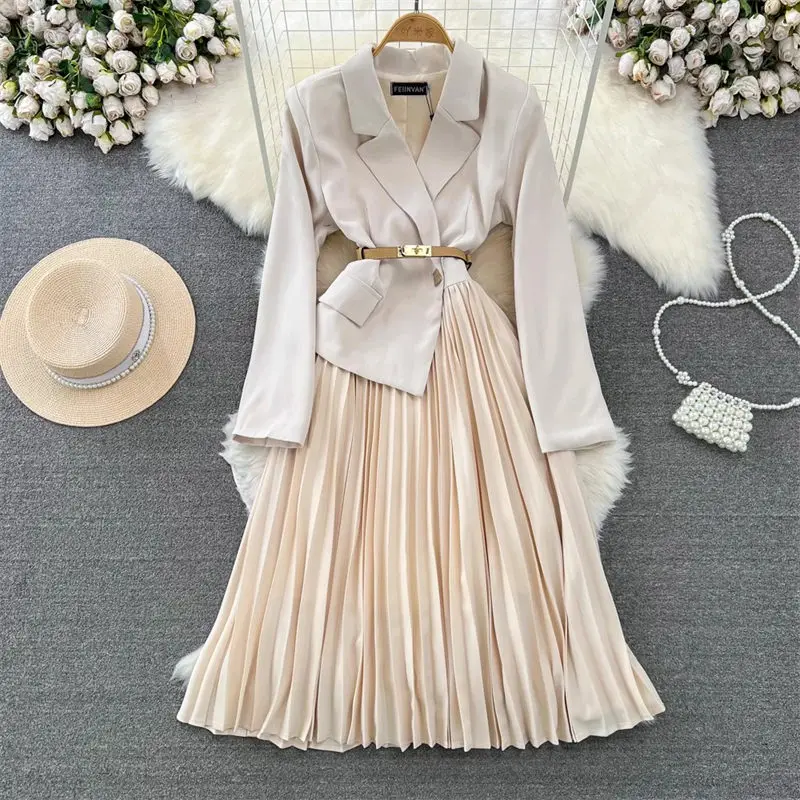 

Spring And Autumn Korean Edition Fake Two Pieces Suit Dress Elegance OL Professional Long Sleeve Slim A-Line Pleated Dress Z4067