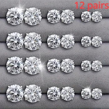 12 Pairs Set Stainless Steel Silver Color CZ Stud Earrings with Gemstone Buds Round Earrings Jewelry Accessories Unisex 1