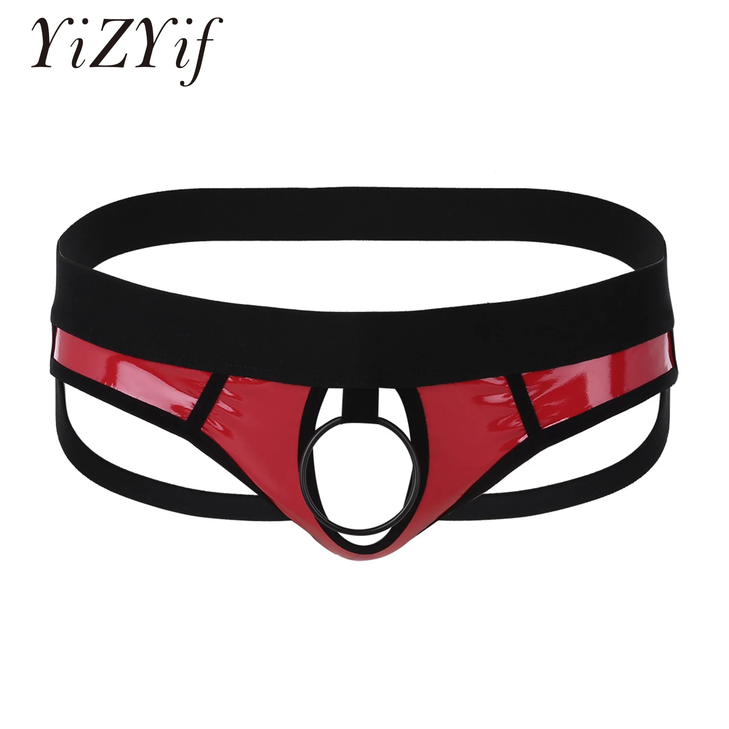 Sexy Mens Panties Underwear Lingerie Shiny Faux Leather Open Back Hollow Out Jockstrap Brief G-string with Penis Hole O-Rings