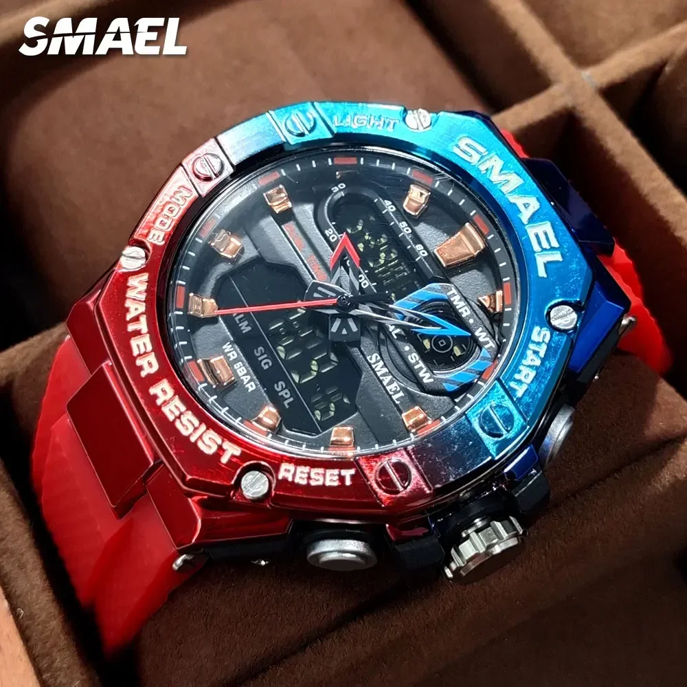 

SMAEL Dual Time Red Digital Watch Men Military Sport Chronograph Quartz Electronic Wristwatch with Date Week Waterproof 8066