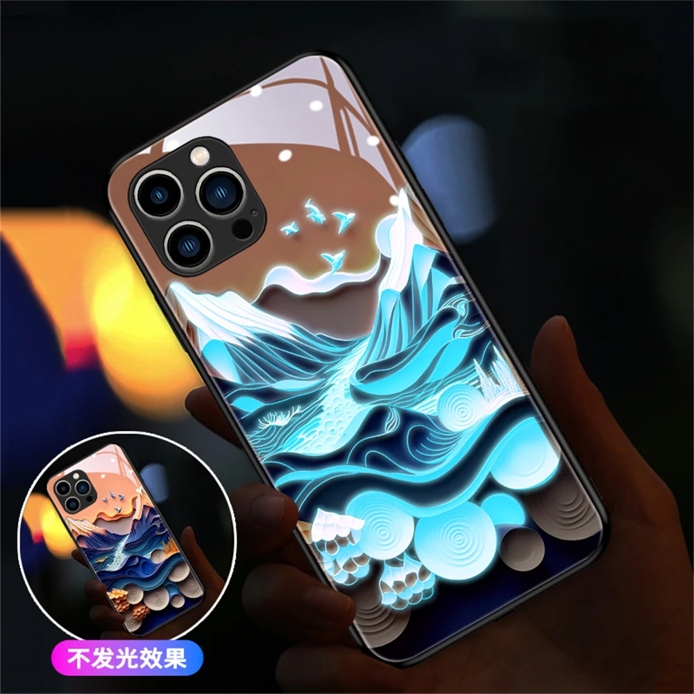 

Old Landscape Painting Smart LED Light Up Glow Glass Phone Case For iPhone 15 14 13 12 11 Pro Max X XR XS 6 7 8 Plus SE2020