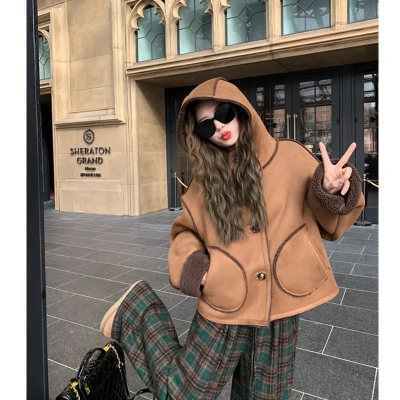 

Miiiix Korean Fashion Hooded Western-style Suede Lamb Fur Jacket for Women's Winter New Loose Casual Coat Female Clothing